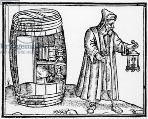 The Philosopher Diogenes searches for an honest man,1607 (woodcut) by English School, (16th century); Bibliotheque des Arts Decoratifs, Paris, France;  www.bridgemanart.com