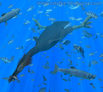 Hesperornis, a larger version of Baptornis, and a few Enchodus feeding on some herring-type fish. Picture by Craig Dylke.